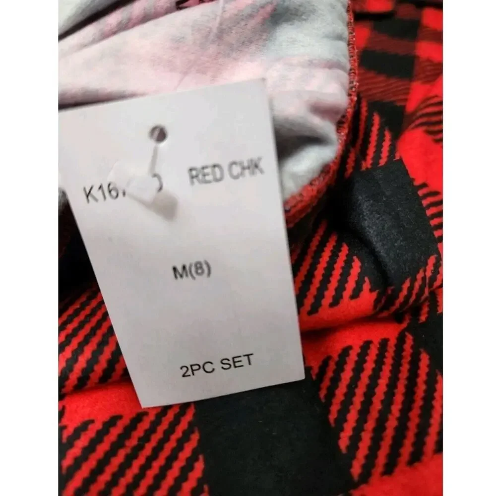 Kids PajamaGram Fleece 2 Piece Red Buffalo Plaid Button Down Pajama Set Sz 8/Med - Picture 5 of 8